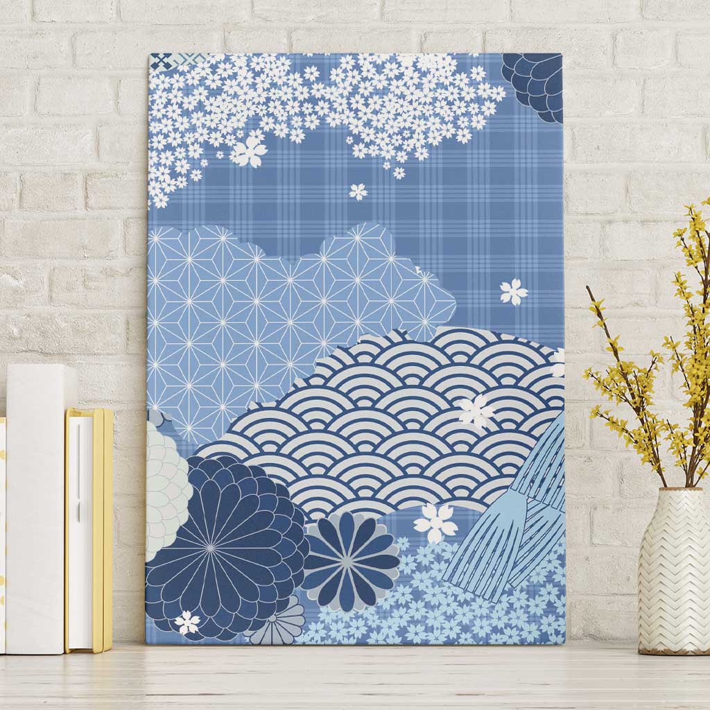 Blue Palaka Japanese Patterns Canvas Wall Art Asanoha Seigaiha Sakura Motif - Polynesian Pride
