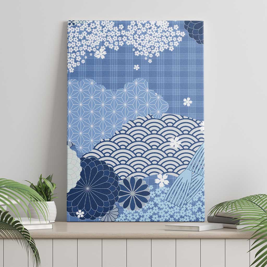 Blue Palaka Japanese Patterns Canvas Wall Art Asanoha Seigaiha Sakura Motif - Polynesian Pride