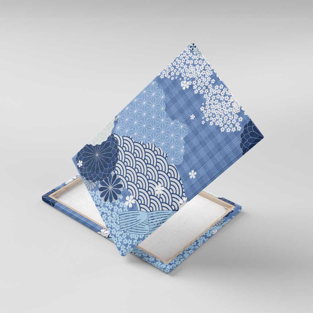 Blue Palaka Japanese Patterns Canvas Wall Art Asanoha Seigaiha Sakura Motif - Polynesian Pride