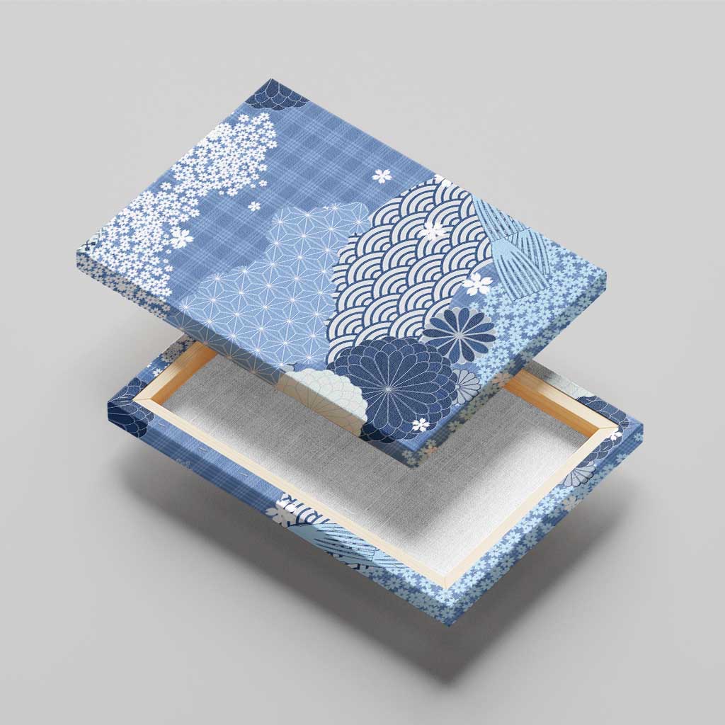 Blue Palaka Japanese Patterns Canvas Wall Art Asanoha Seigaiha Sakura Motif - Polynesian Pride
