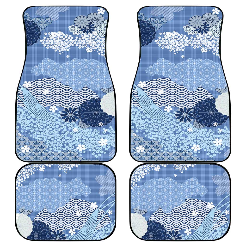 Blue Palaka Japanese Patterns Car Mats Asanoha Seigaiha Sakura Motif - Polynesian Pride
