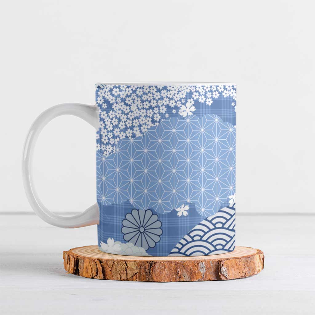Blue Palaka Japanese Patterns Ceramic Mug Asanoha Seigaiha Sakura Motif - Polynesian Pride
