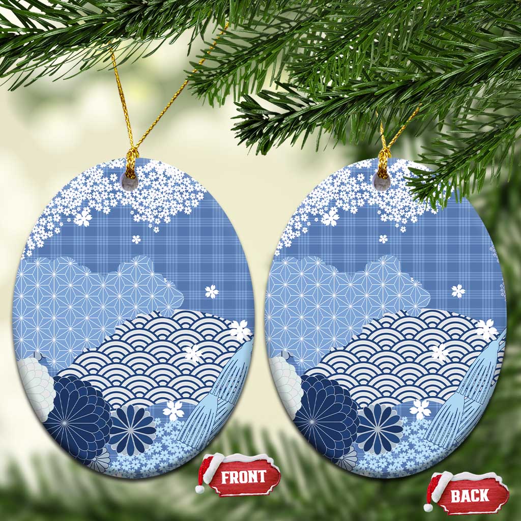Blue Palaka Japanese Patterns Ceramic Ornament Asanoha Seigaiha Sakura Motif - Polynesian Pride