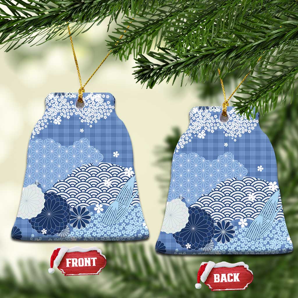 Blue Palaka Japanese Patterns Ceramic Ornament Asanoha Seigaiha Sakura Motif - Polynesian Pride