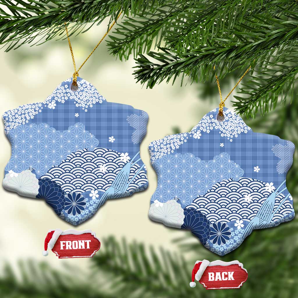Blue Palaka Japanese Patterns Ceramic Ornament Asanoha Seigaiha Sakura Motif - Polynesian Pride