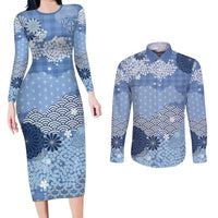 Blue Palaka Japanese Patterns Couples Matching Long Sleeve Bodycon Dress and Long Sleeve Button Shirt Asanoha Seigaiha Sakura Motif - Polynesian Pride