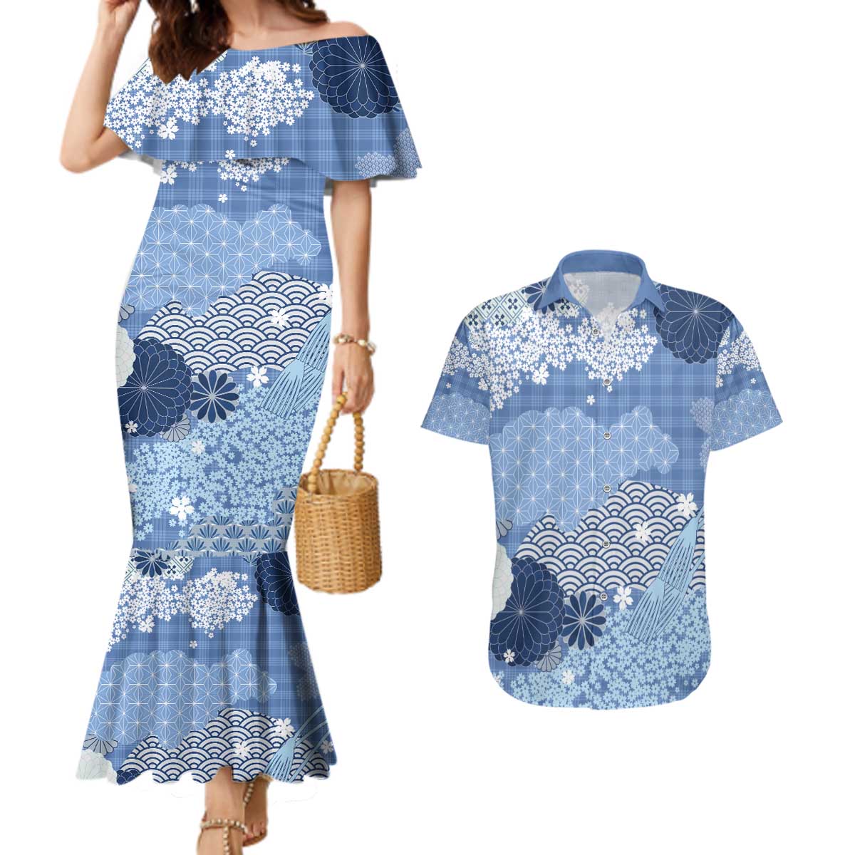 Blue Palaka Japanese Patterns Couples Matching Mermaid Dress and Hawaiian Shirt Asanoha Seigaiha Sakura Motif - Polynesian Pride