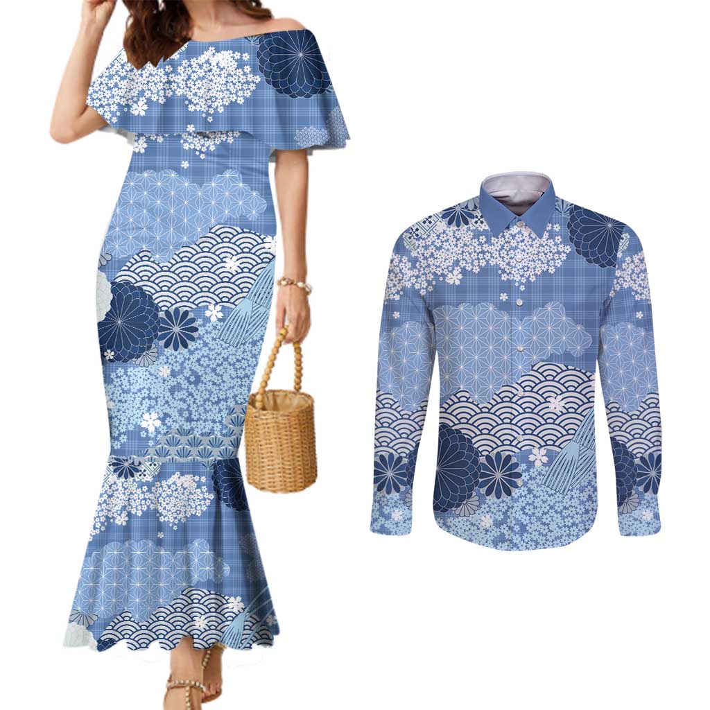 Blue Palaka Japanese Patterns Couples Matching Mermaid Dress and Long Sleeve Button Shirt Asanoha Seigaiha Sakura Motif - Polynesian Pride