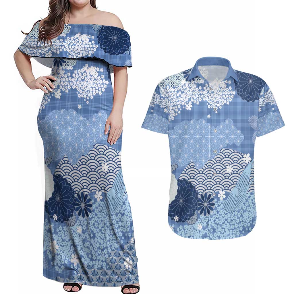 Blue Palaka Japanese Patterns Couples Matching Off Shoulder Maxi Dress and Hawaiian Shirt Asanoha Seigaiha Sakura Motif - Polynesian Pride