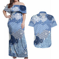 Blue Palaka Japanese Patterns Couples Matching Off Shoulder Maxi Dress and Hawaiian Shirt Asanoha Seigaiha Sakura Motif - Polynesian Pride