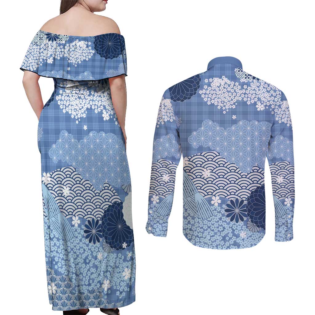 Blue Palaka Japanese Patterns Couples Matching Off Shoulder Maxi Dress and Long Sleeve Button Shirt Asanoha Seigaiha Sakura Motif - Polynesian Pride