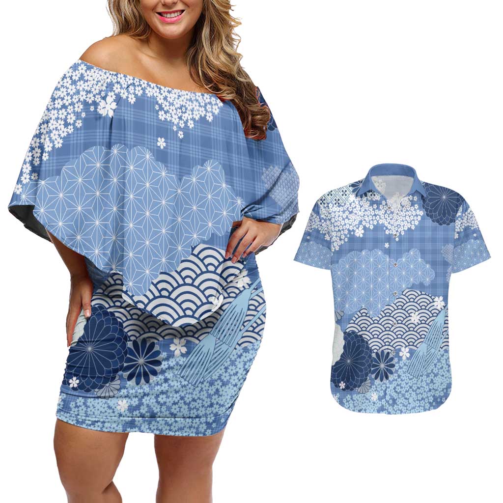Blue Palaka Japanese Patterns Couples Matching Off Shoulder Short Dress and Hawaiian Shirt Asanoha Seigaiha Sakura Motif - Polynesian Pride