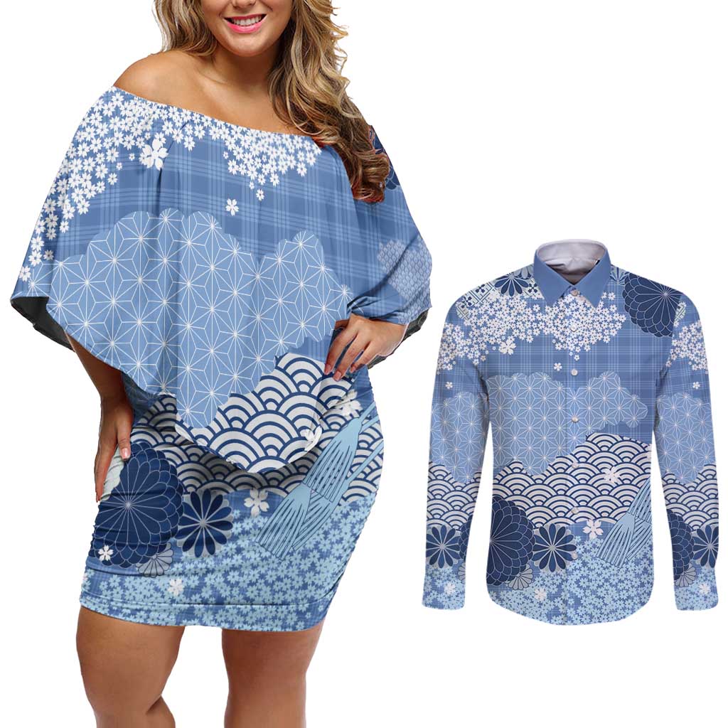 Blue Palaka Japanese Patterns Couples Matching Off Shoulder Short Dress and Long Sleeve Button Shirt Asanoha Seigaiha Sakura Motif - Polynesian Pride
