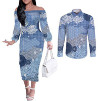 Blue Palaka Japanese Patterns Couples Matching Off The Shoulder Long Sleeve Dress and Long Sleeve Button Shirt Asanoha Seigaiha Sakura Motif - Polynesian Pride