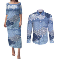 Blue Palaka Japanese Patterns Couples Matching Puletasi and Long Sleeve Button Shirt Asanoha Seigaiha Sakura Motif - Polynesian Pride