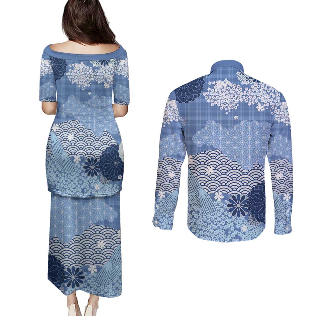 Blue Palaka Japanese Patterns Couples Matching Puletasi and Long Sleeve Button Shirt Asanoha Seigaiha Sakura Motif - Polynesian Pride