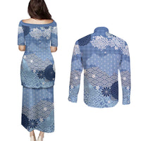 Blue Palaka Japanese Patterns Couples Matching Puletasi and Long Sleeve Button Shirt Asanoha Seigaiha Sakura Motif - Polynesian Pride