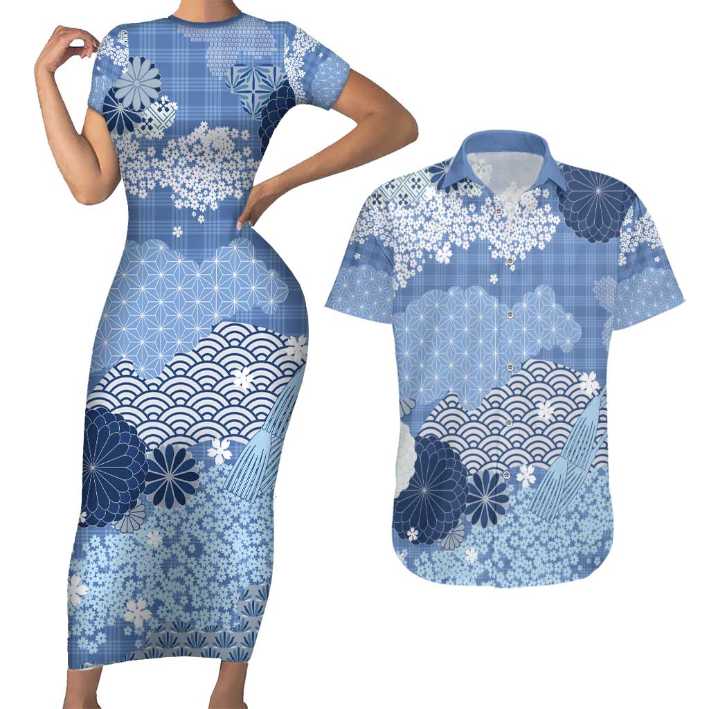 Blue Palaka Japanese Patterns Couples Matching Short Sleeve Bodycon Dress and Hawaiian Shirt Asanoha Seigaiha Sakura Motif - Polynesian Pride