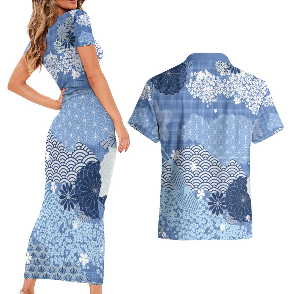 Blue Palaka Japanese Patterns Couples Matching Short Sleeve Bodycon Dress and Hawaiian Shirt Asanoha Seigaiha Sakura Motif - Polynesian Pride