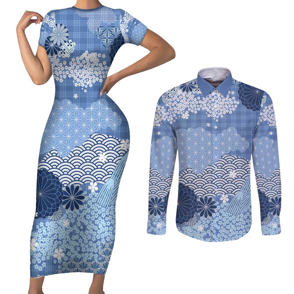 Blue Palaka Japanese Patterns Couples Matching Short Sleeve Bodycon Dress and Long Sleeve Button Shirt Asanoha Seigaiha Sakura Motif - Polynesian Pride