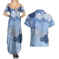Blue Palaka Japanese Patterns Couples Matching Summer Maxi Dress and Hawaiian Shirt Asanoha Seigaiha Sakura Motif - Polynesian Pride