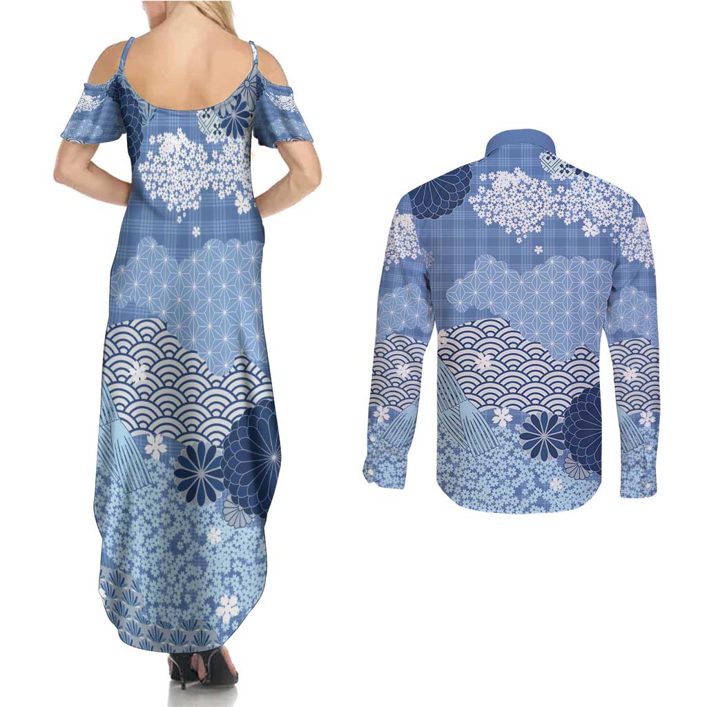 Blue Palaka Japanese Patterns Couples Matching Summer Maxi Dress and Long Sleeve Button Shirt Asanoha Seigaiha Sakura Motif - Polynesian Pride