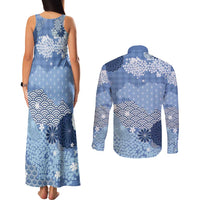 Blue Palaka Japanese Patterns Couples Matching Tank Maxi Dress and Long Sleeve Button Shirt Asanoha Seigaiha Sakura Motif - Polynesian Pride