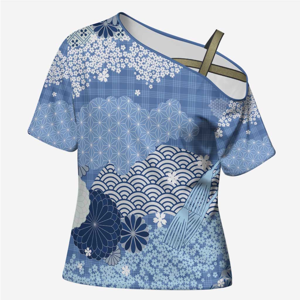 Blue Palaka Japanese Patterns Cross Shoulder Shirt Asanoha Seigaiha Sakura Motif - Polynesian Pride