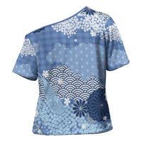 Blue Palaka Japanese Patterns Cross Shoulder Shirt Asanoha Seigaiha Sakura Motif - Polynesian Pride