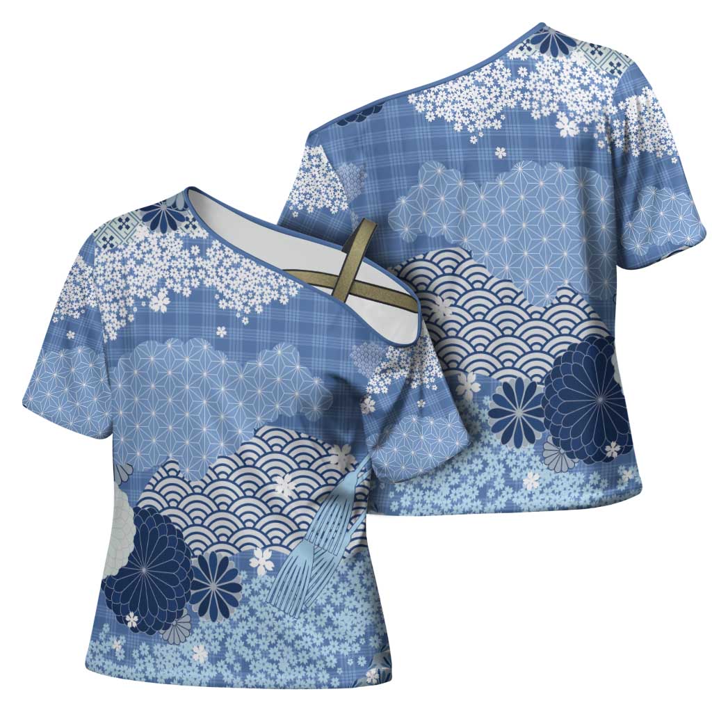Blue Palaka Japanese Patterns Cross Shoulder Shirt Asanoha Seigaiha Sakura Motif - Polynesian Pride