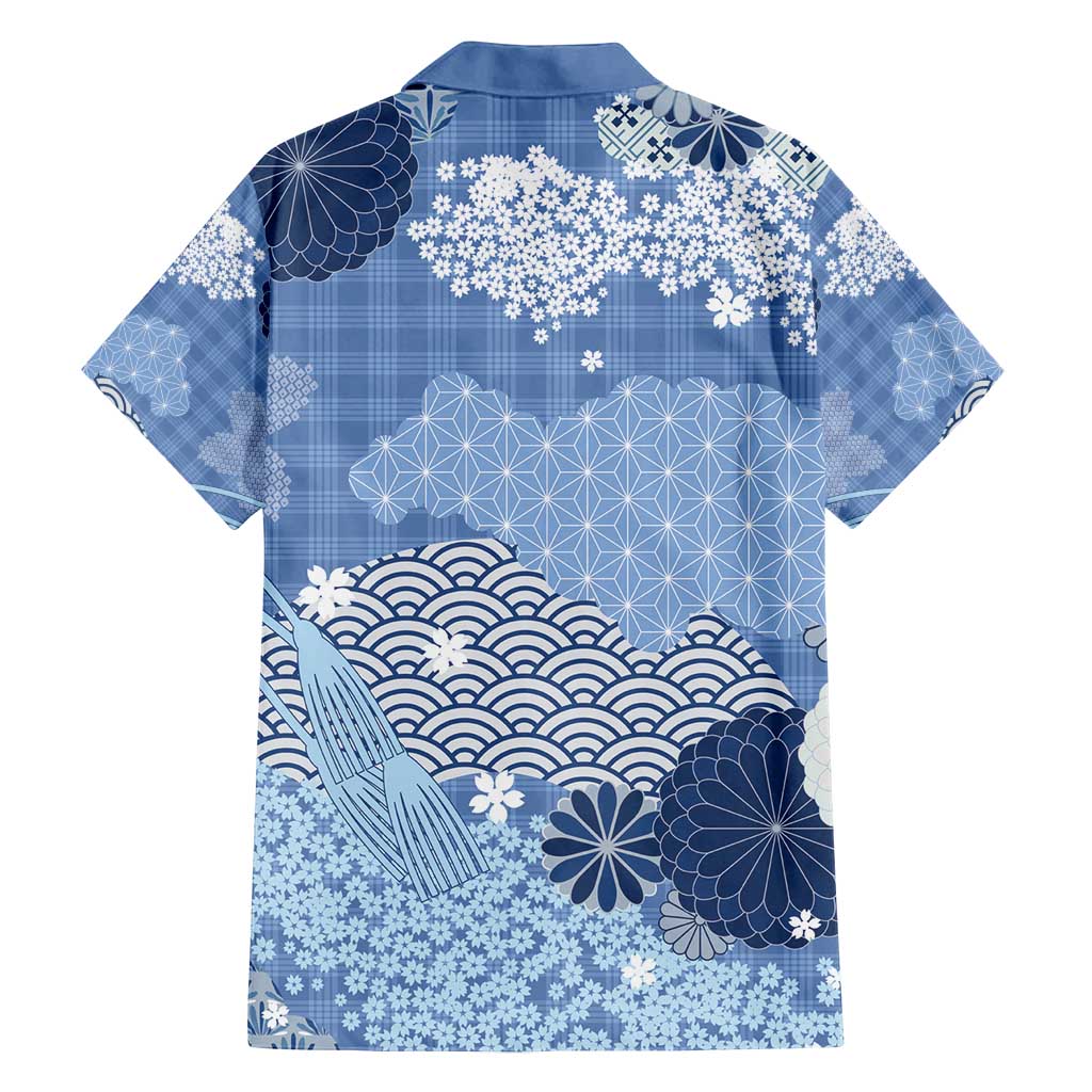 Blue Palaka Japanese Patterns Family Matching Long Sleeve Bodycon Dress and Hawaiian Shirt Asanoha Seigaiha Sakura Motif - Polynesian Pride