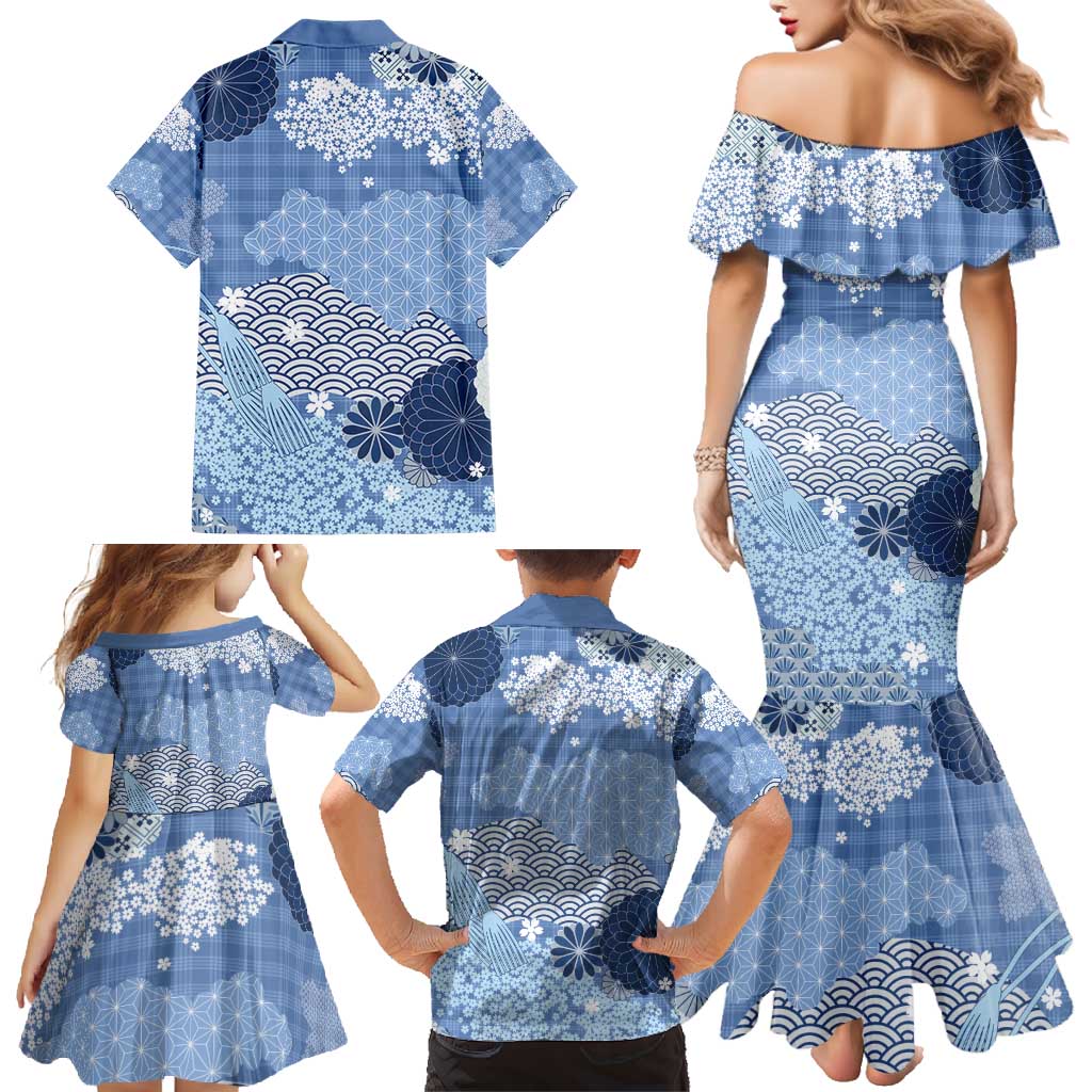 Blue Palaka Japanese Patterns Family Matching Mermaid Dress and Hawaiian Shirt Asanoha Seigaiha Sakura Motif - Polynesian Pride