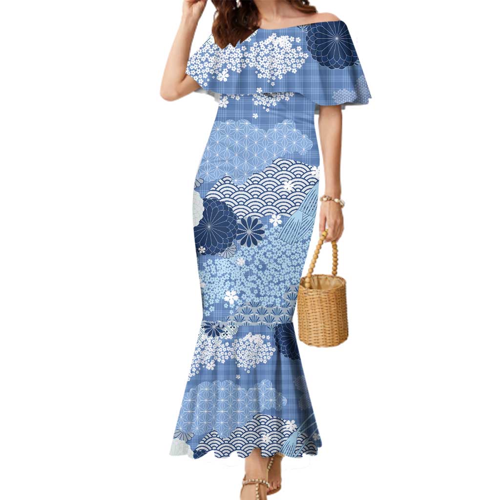 Blue Palaka Japanese Patterns Family Matching Mermaid Dress and Hawaiian Shirt Asanoha Seigaiha Sakura Motif - Polynesian Pride