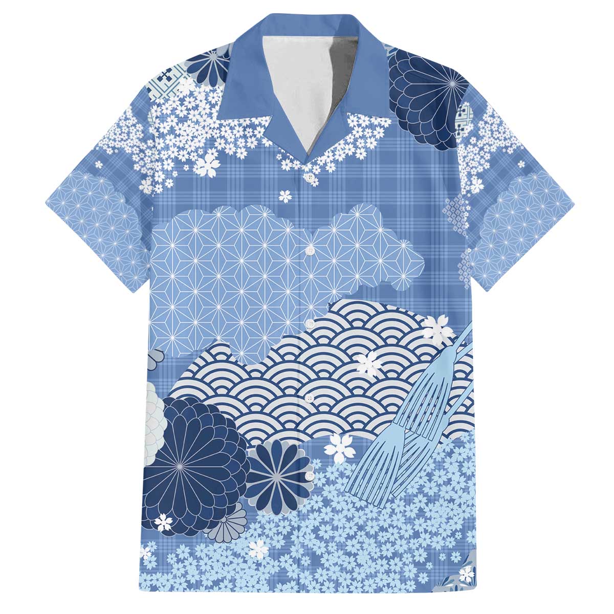 Blue Palaka Japanese Patterns Family Matching Off The Shoulder Long Sleeve Dress and Hawaiian Shirt Asanoha Seigaiha Sakura Motif - Polynesian Pride
