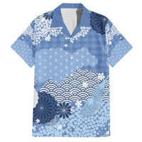 Blue Palaka Japanese Patterns Family Matching Off The Shoulder Long Sleeve Dress and Hawaiian Shirt Asanoha Seigaiha Sakura Motif - Polynesian Pride