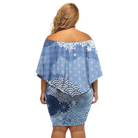 Blue Palaka Japanese Patterns Family Matching Off Shoulder Short Dress and Hawaiian Shirt Asanoha Seigaiha Sakura Motif - Polynesian Pride
