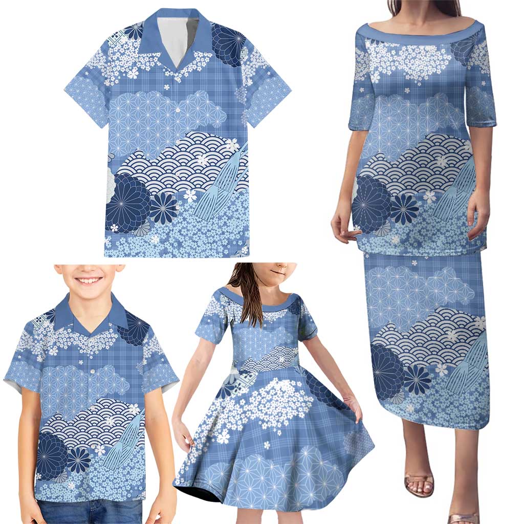 Blue Palaka Japanese Patterns Family Matching Puletasi and Hawaiian Shirt Asanoha Seigaiha Sakura Motif - Polynesian Pride