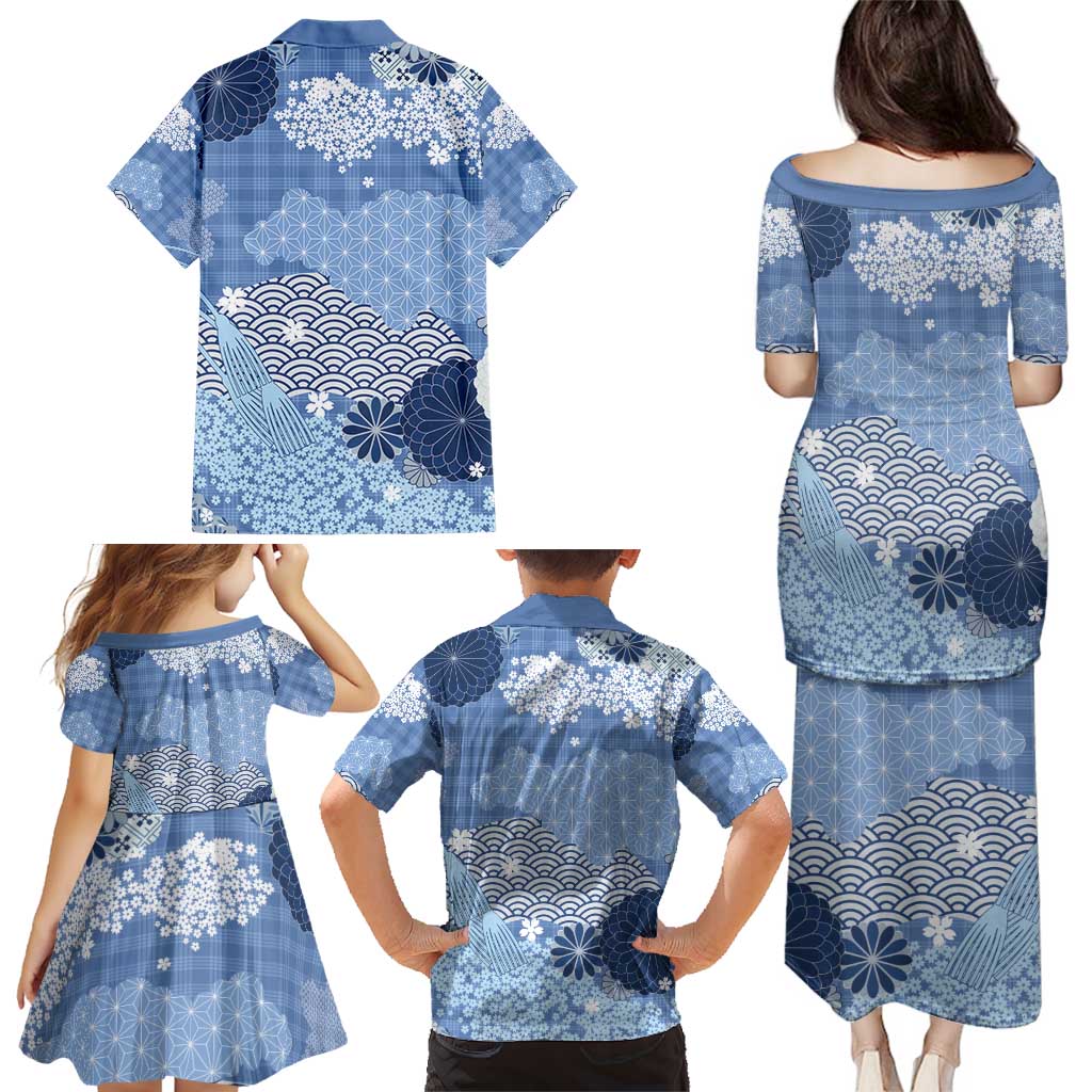 Blue Palaka Japanese Patterns Family Matching Puletasi and Hawaiian Shirt Asanoha Seigaiha Sakura Motif - Polynesian Pride