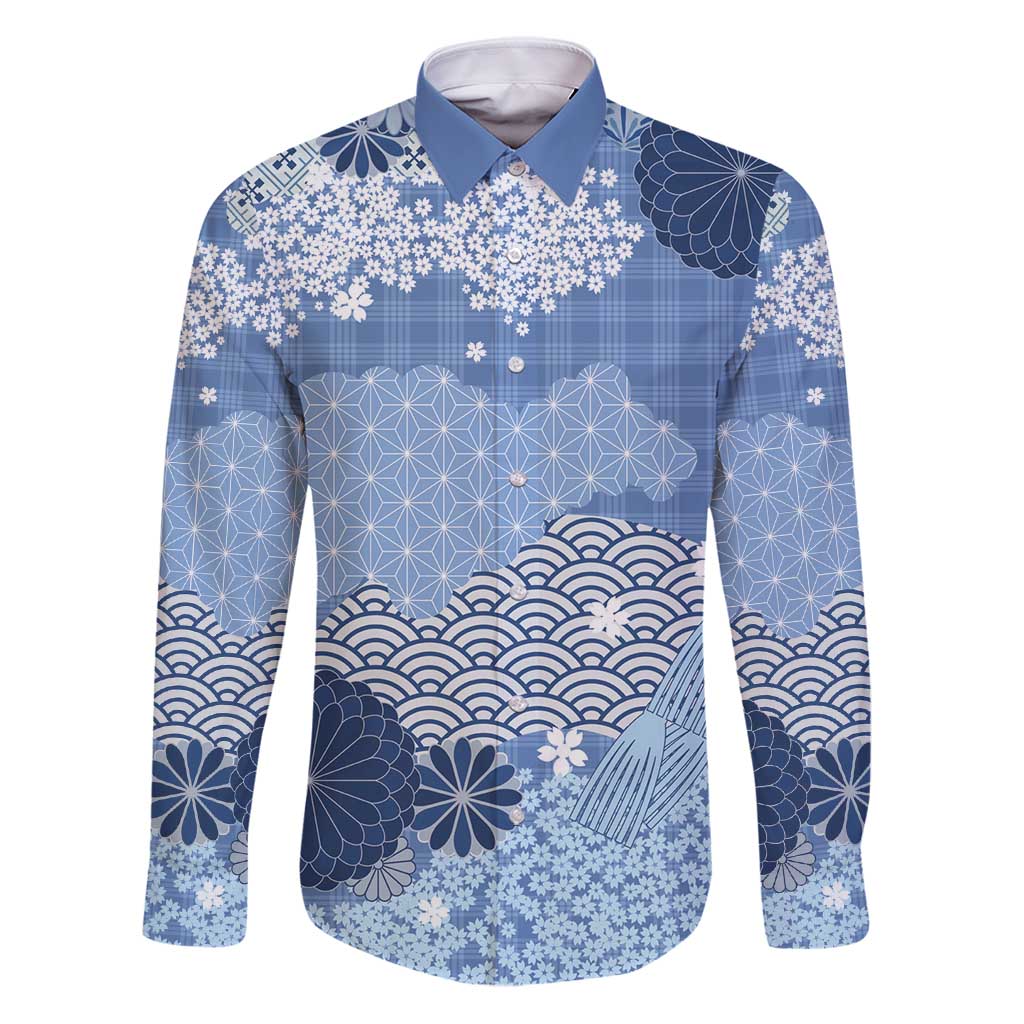 Blue Palaka Japanese Patterns Family Matching Puletasi and Hawaiian Shirt Asanoha Seigaiha Sakura Motif - Polynesian Pride