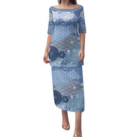 Blue Palaka Japanese Patterns Family Matching Puletasi and Hawaiian Shirt Asanoha Seigaiha Sakura Motif - Polynesian Pride