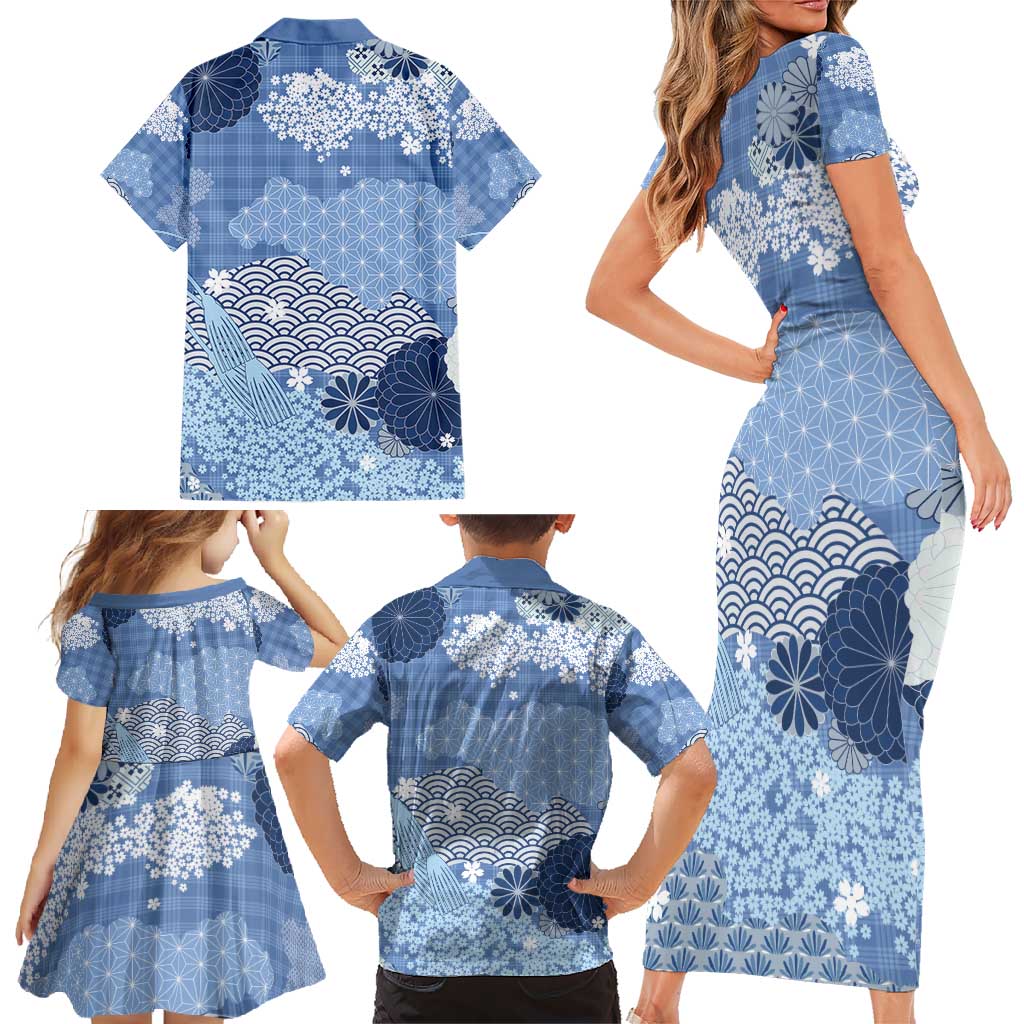 Blue Palaka Japanese Patterns Family Matching Short Sleeve Bodycon Dress and Hawaiian Shirt Asanoha Seigaiha Sakura Motif - Polynesian Pride