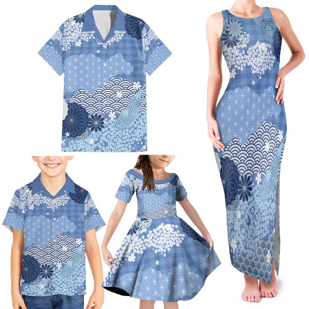 Blue Palaka Japanese Patterns Family Matching Tank Maxi Dress and Hawaiian Shirt Asanoha Seigaiha Sakura Motif - Polynesian Pride