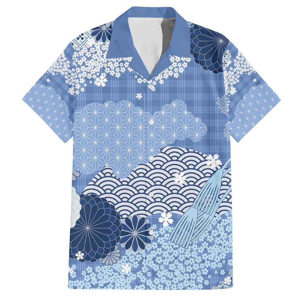 Blue Palaka Japanese Patterns Family Matching Tank Maxi Dress and Hawaiian Shirt Asanoha Seigaiha Sakura Motif - Polynesian Pride