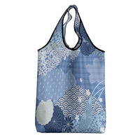 Blue Palaka Japanese Patterns Grocery Bag Asanoha Seigaiha Sakura Motif - Polynesian Pride