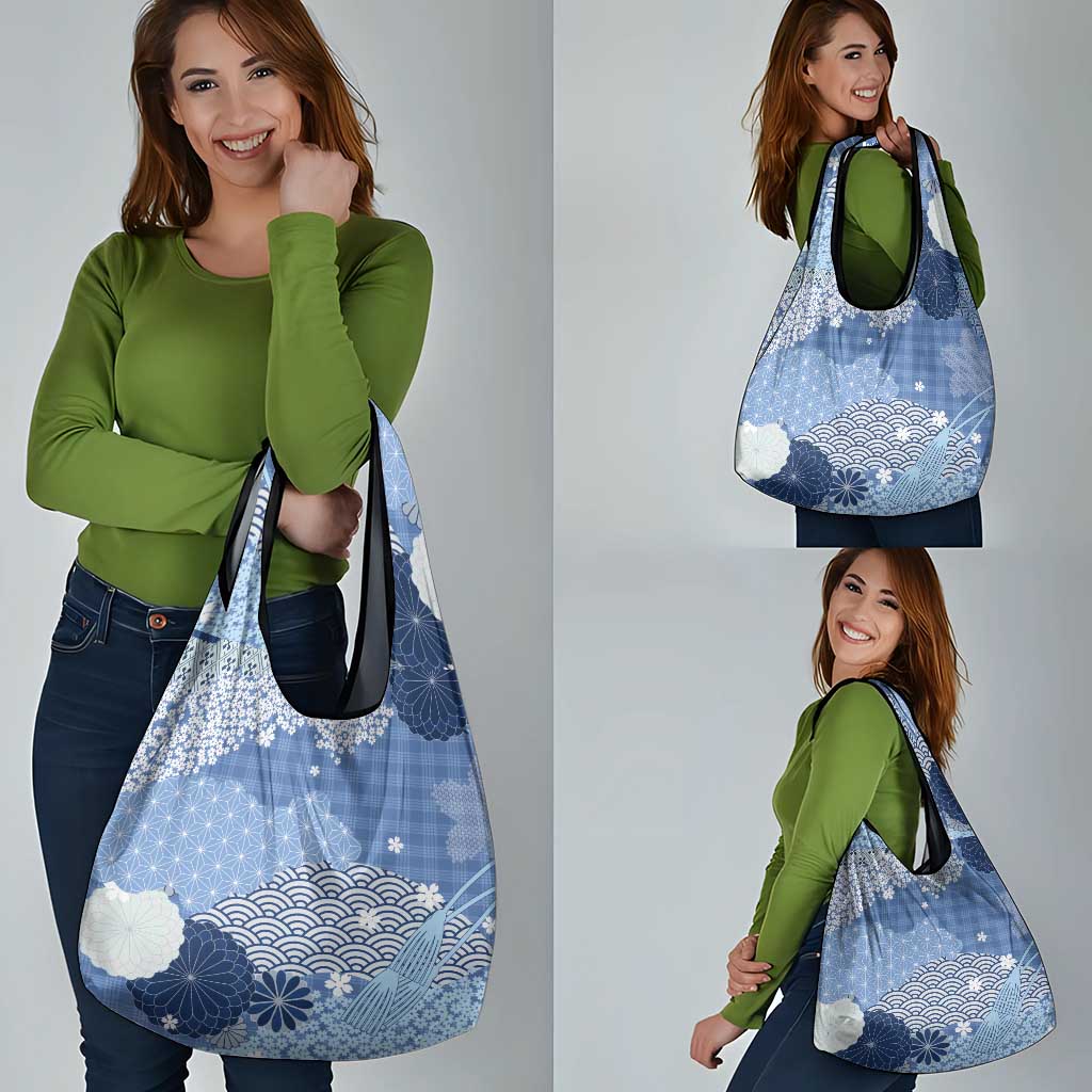 Blue Palaka Japanese Patterns Grocery Bag Asanoha Seigaiha Sakura Motif - Polynesian Pride