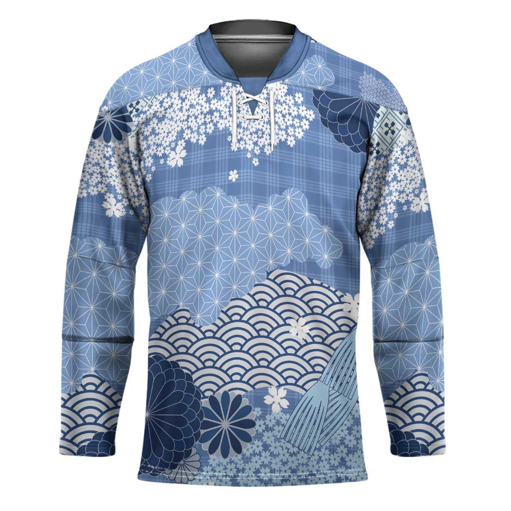 Blue Palaka Japanese Patterns Hockey Jersey Asanoha Seigaiha Sakura Motif - Polynesian Pride