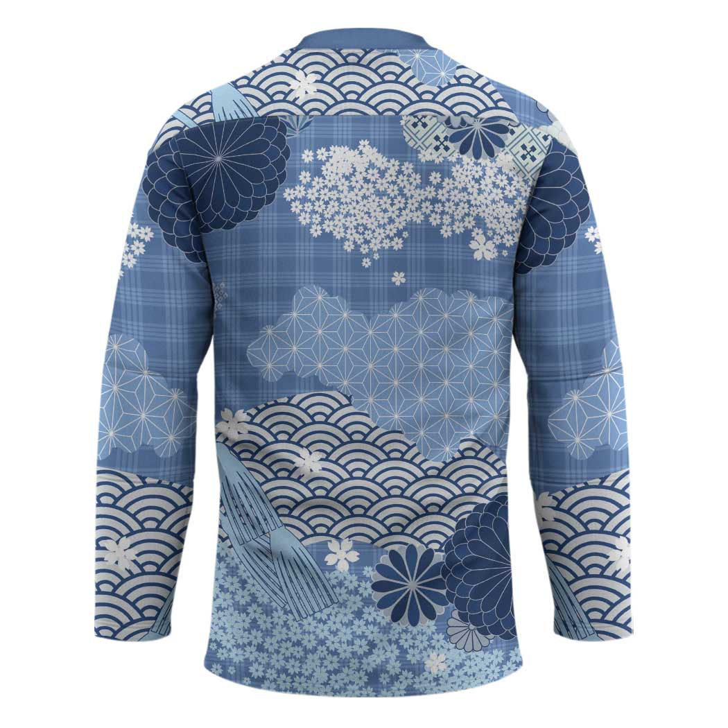 Blue Palaka Japanese Patterns Hockey Jersey Asanoha Seigaiha Sakura Motif - Polynesian Pride
