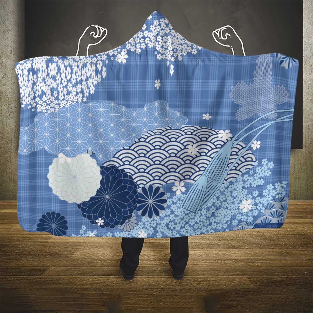 Blue Palaka Japanese Patterns Hooded Blanket Asanoha Seigaiha Sakura Motif - Polynesian Pride