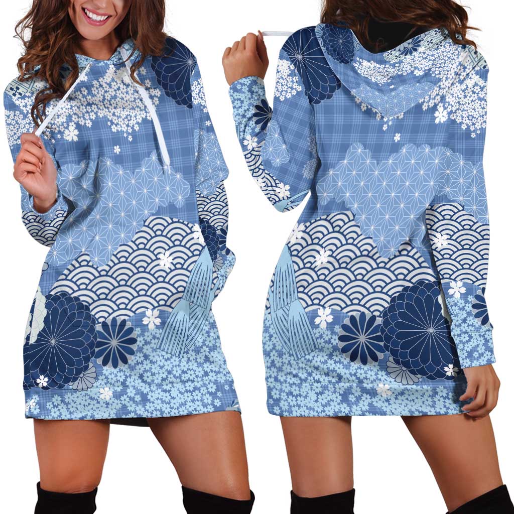 Blue Palaka Japanese Patterns Hoodie Dress Asanoha Seigaiha Sakura Motif - Polynesian Pride