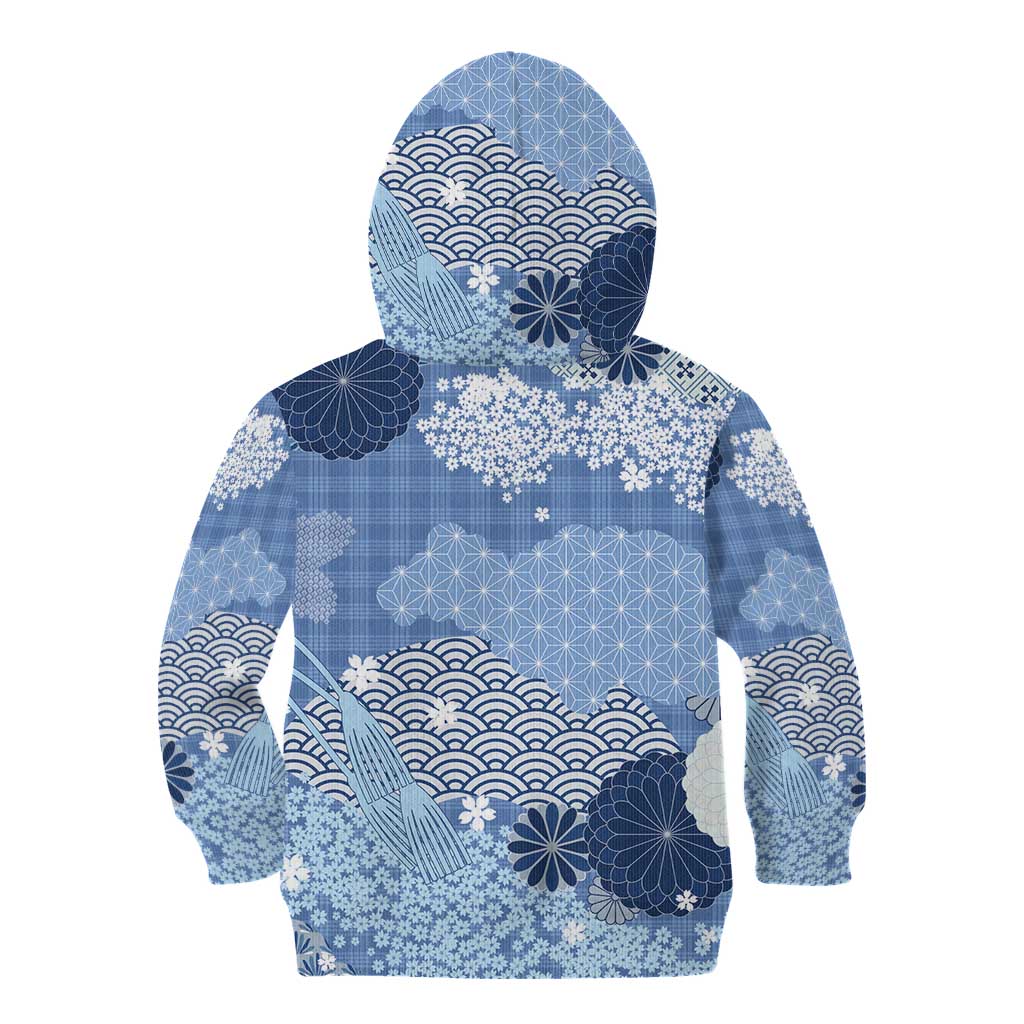Blue Palaka Japanese Patterns Kid Hoodie Asanoha Seigaiha Sakura Motif - Polynesian Pride